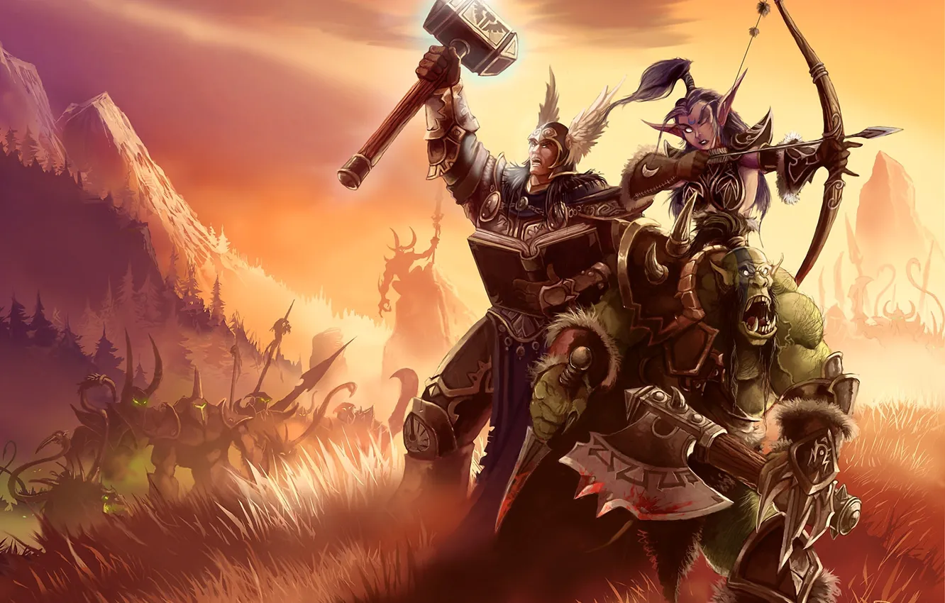 Фото обои горы, оружие, человек, доспехи, долина, монстры, WoW, World of Warcraft