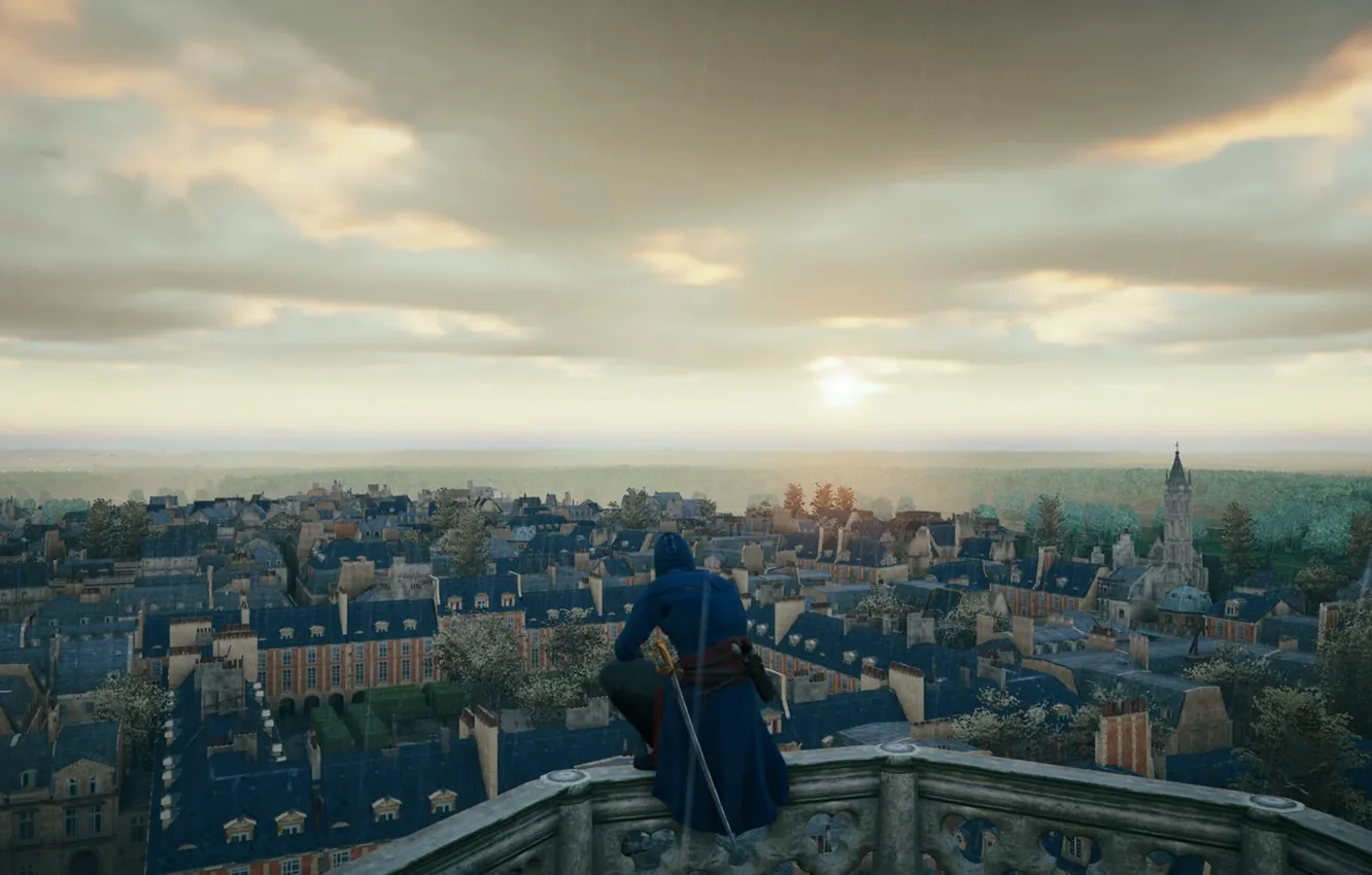 Фото обои вид, париж, капюшон, assassins creed, paris, unity, arno