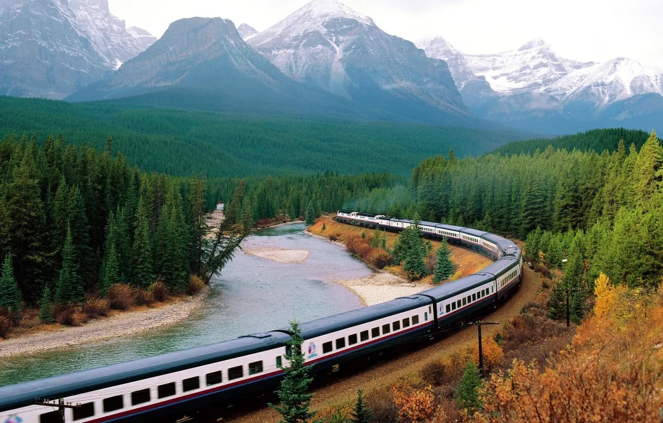 Фото обои лес, горы, природа, река, поезд, вагоны, состав