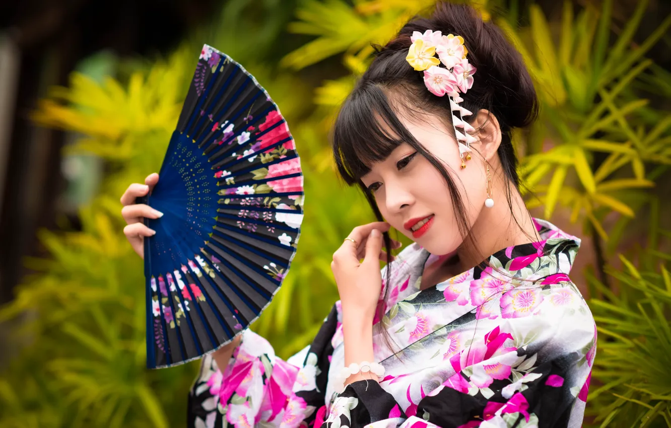Фото обои девушка, веер, кимоно, азиатка