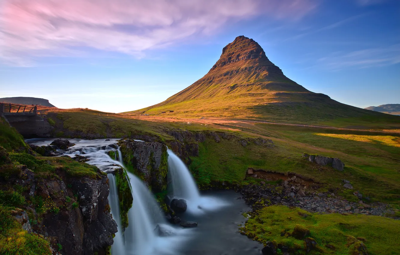 Фото обои гора, водопад, Исландия, Iceland, Kirkjufellsfoss