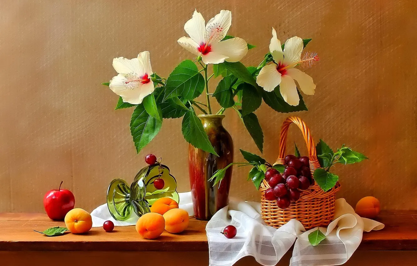 Фото обои цветы, ваза, фрукты, корзинка