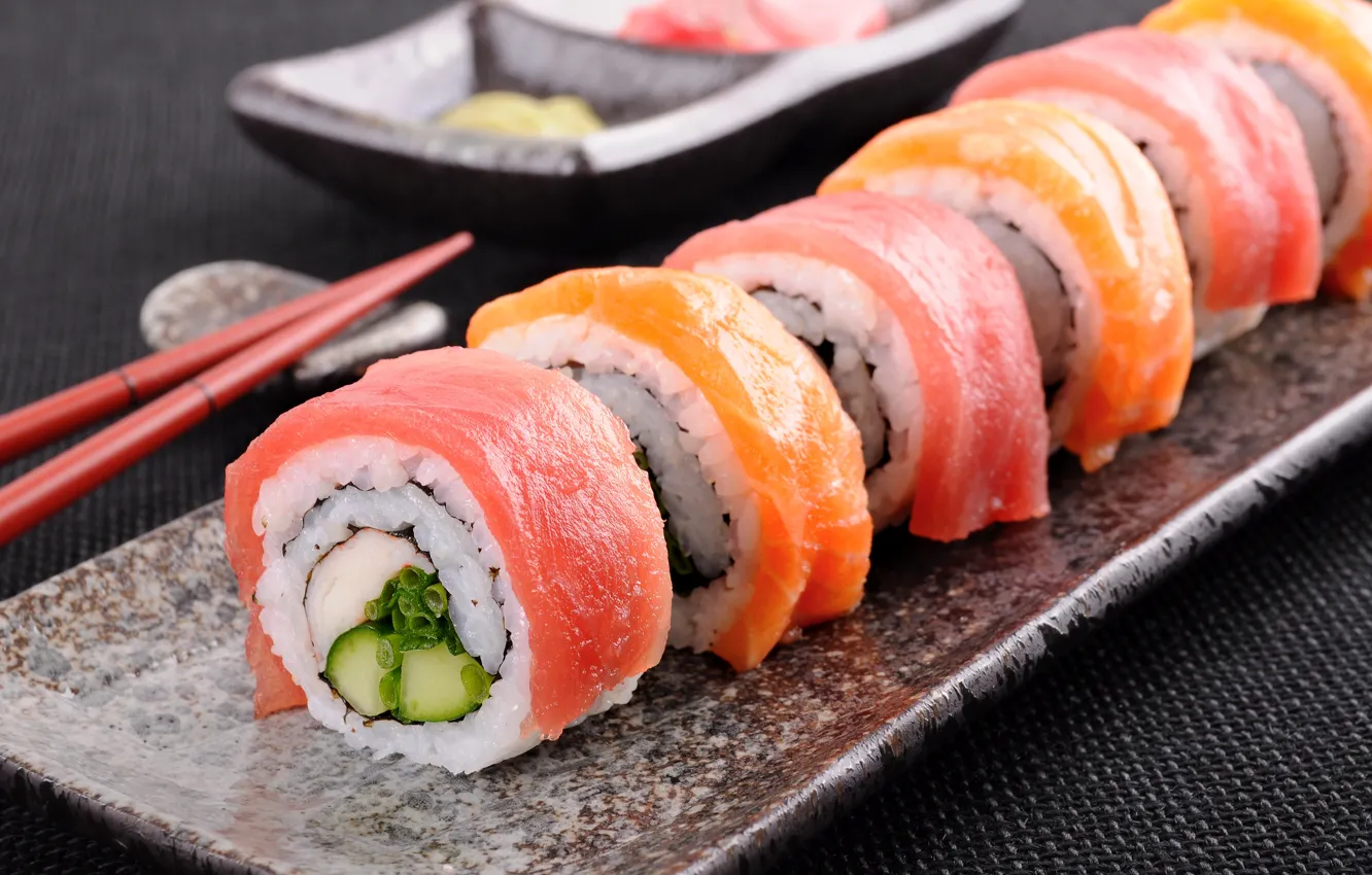 Фото обои краб, рыба, палочки, огурец, sushi, суши, тунец