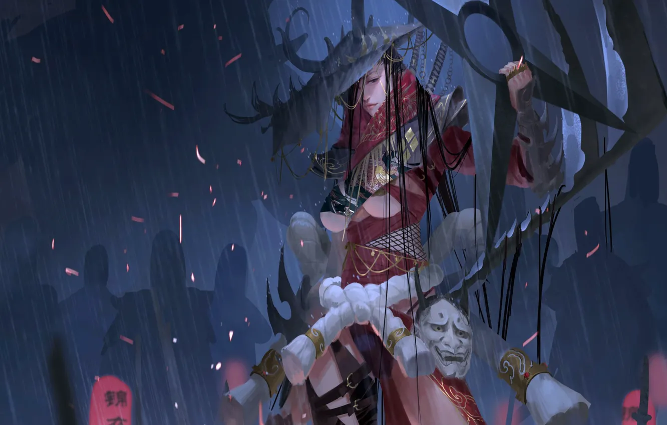 Фото обои girl, sword, fantasy, magic, rain, horns, hat, weapons