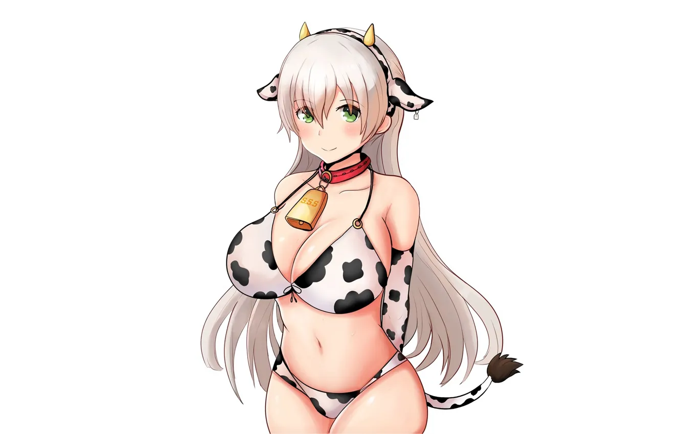 Фото обои girl, sexy, cleavage, horns, green eyes, long hair, boobs, animal ears