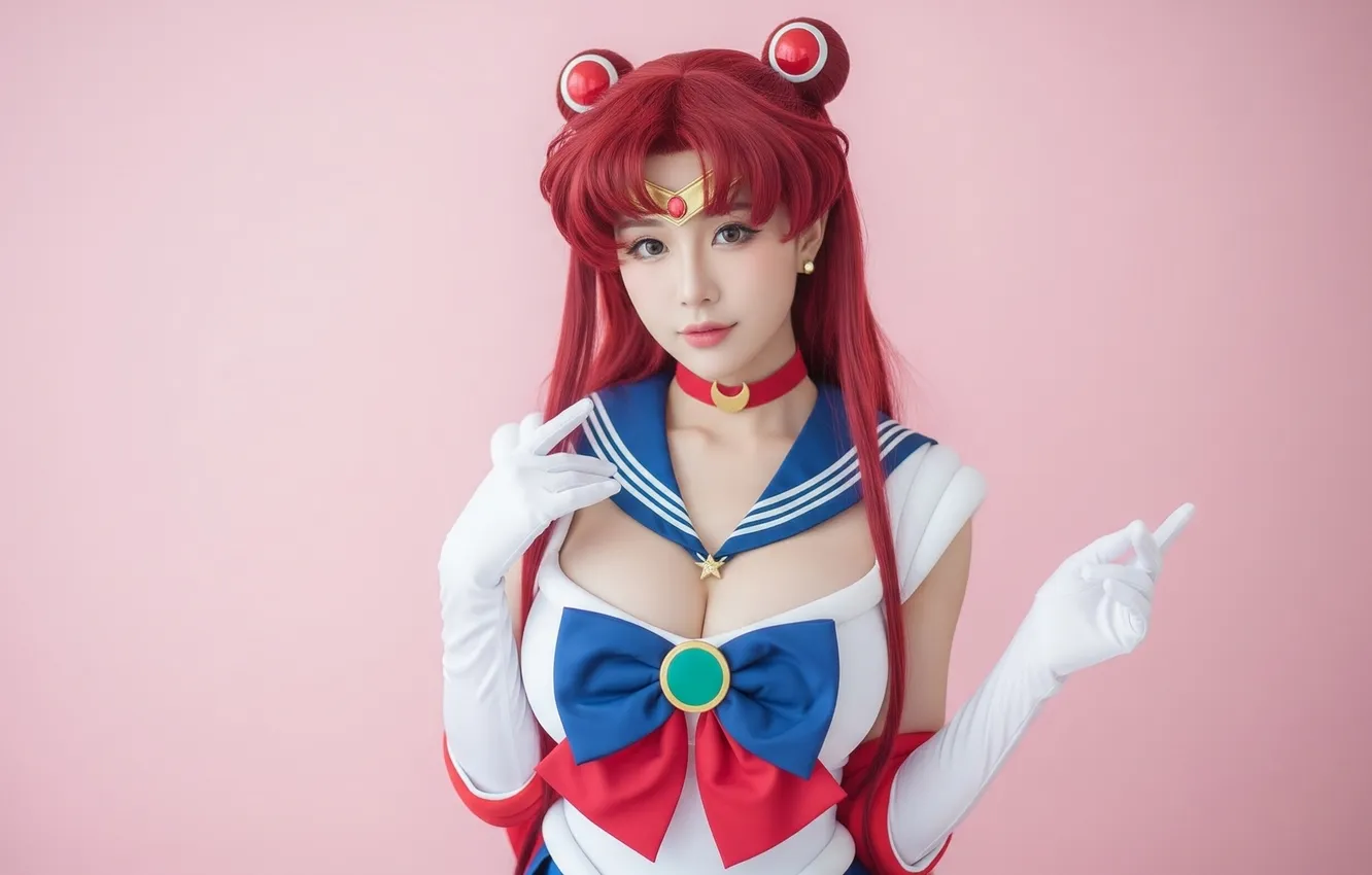 Фото обои cleavage, Asian, redhead, cosplay, Sailor Moon, AI art