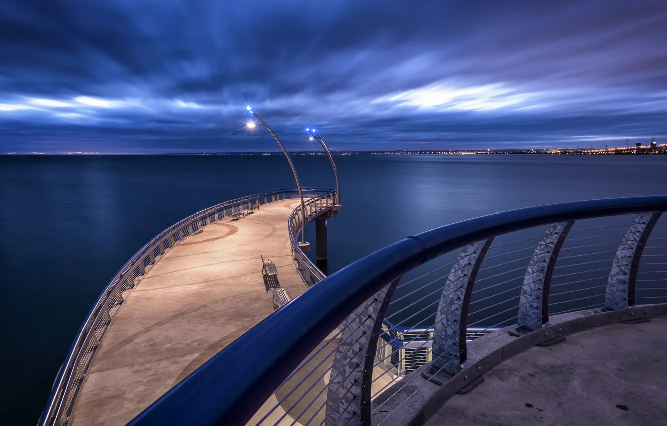 Фото обои море, мост, город, огни, Ontario, Blue Hour, Long Exposure, Brian Krouskie