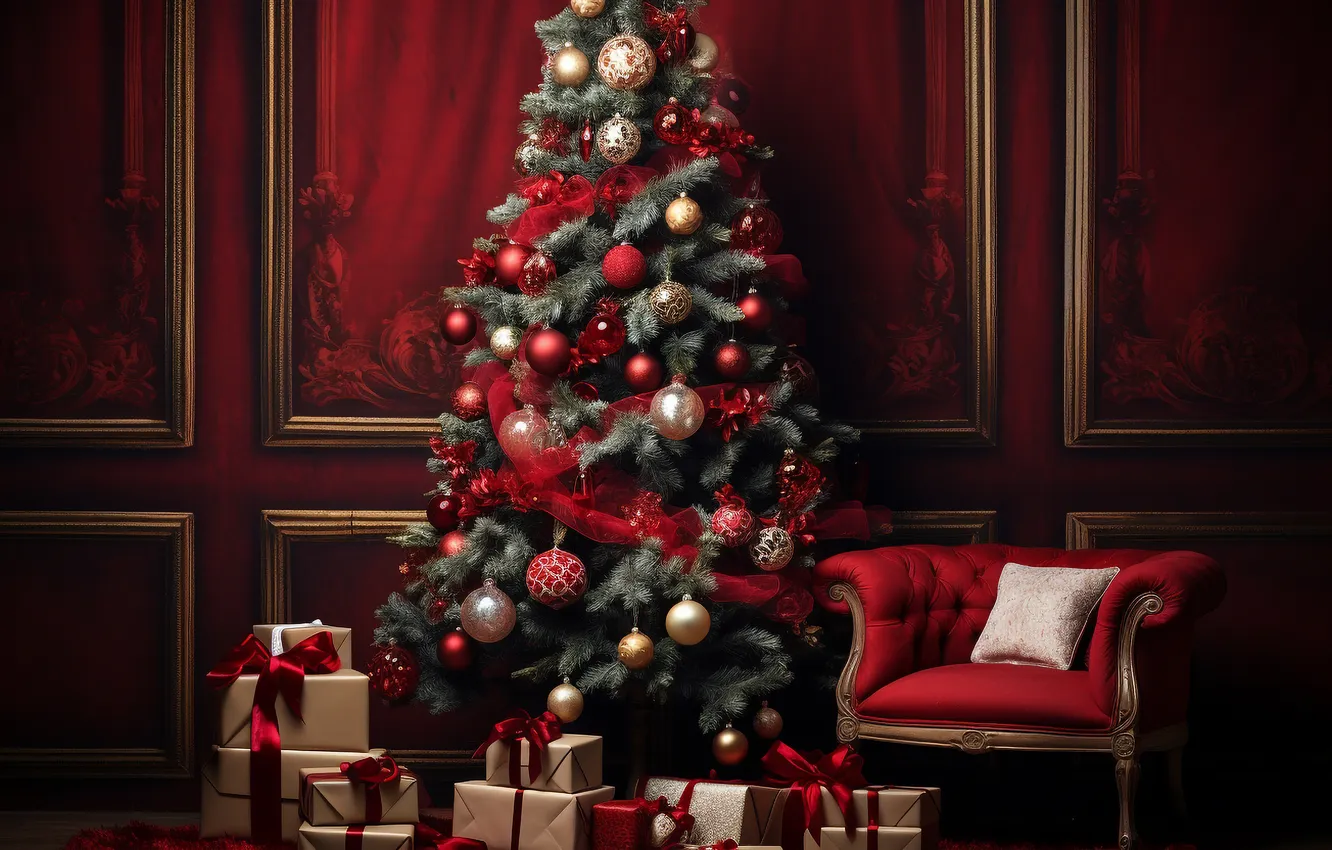 Фото обои комната, елка, интерьер, Рождество, Новый год, Christmas, view, tree