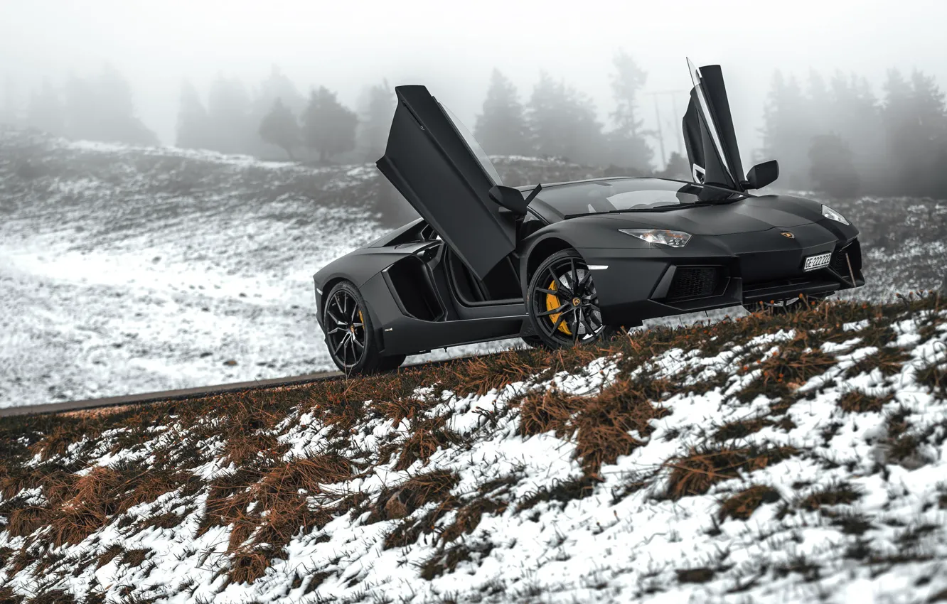 Фото обои Lamborghini, Black, Snow, LP700-4, Aventador, Road, Supercar, Fog