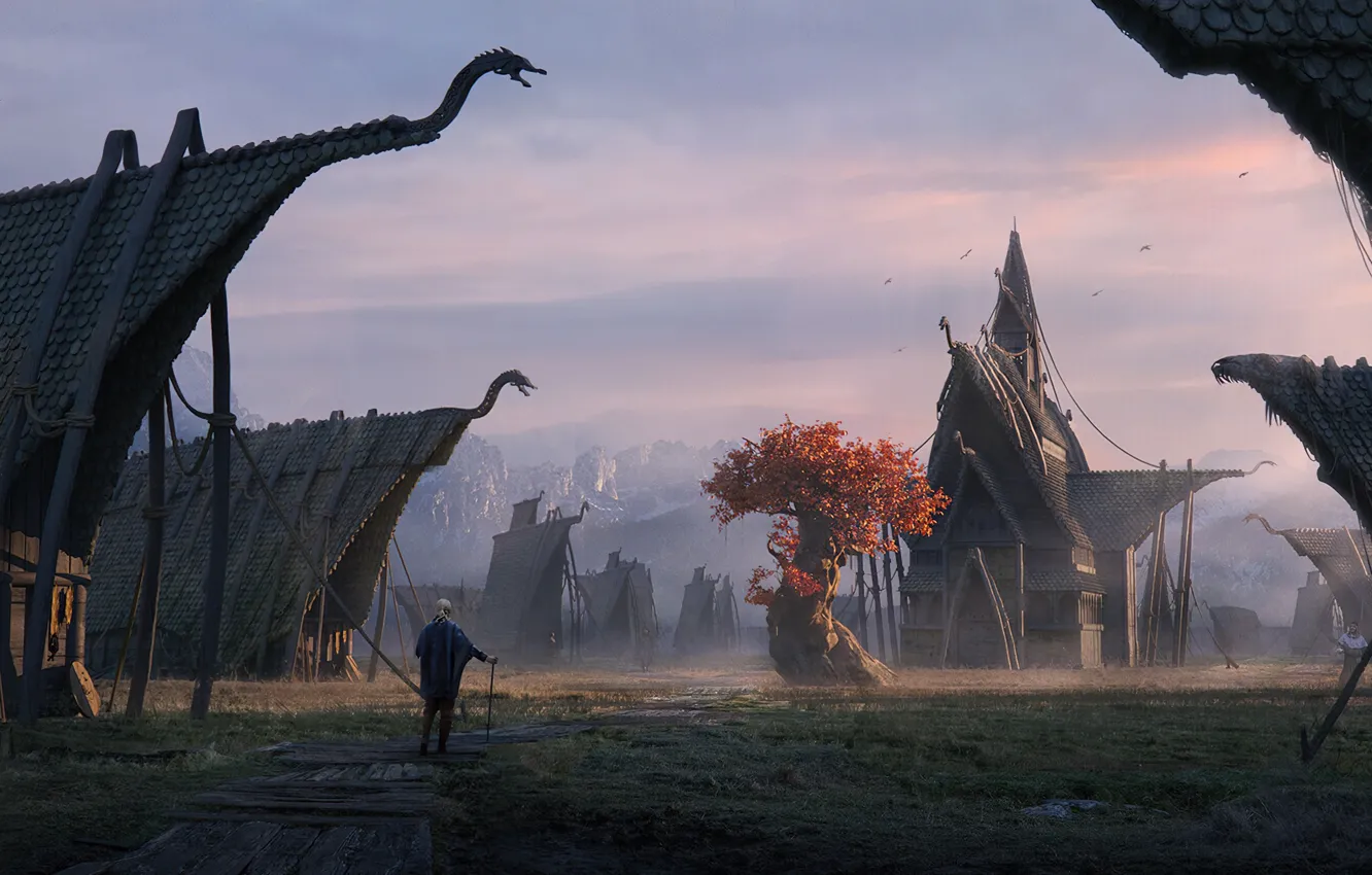 Фото обои Fantasy, Concept Art, medieval, norway, epic, norse village, Sea Serpent Village, Moon Pillar Studio