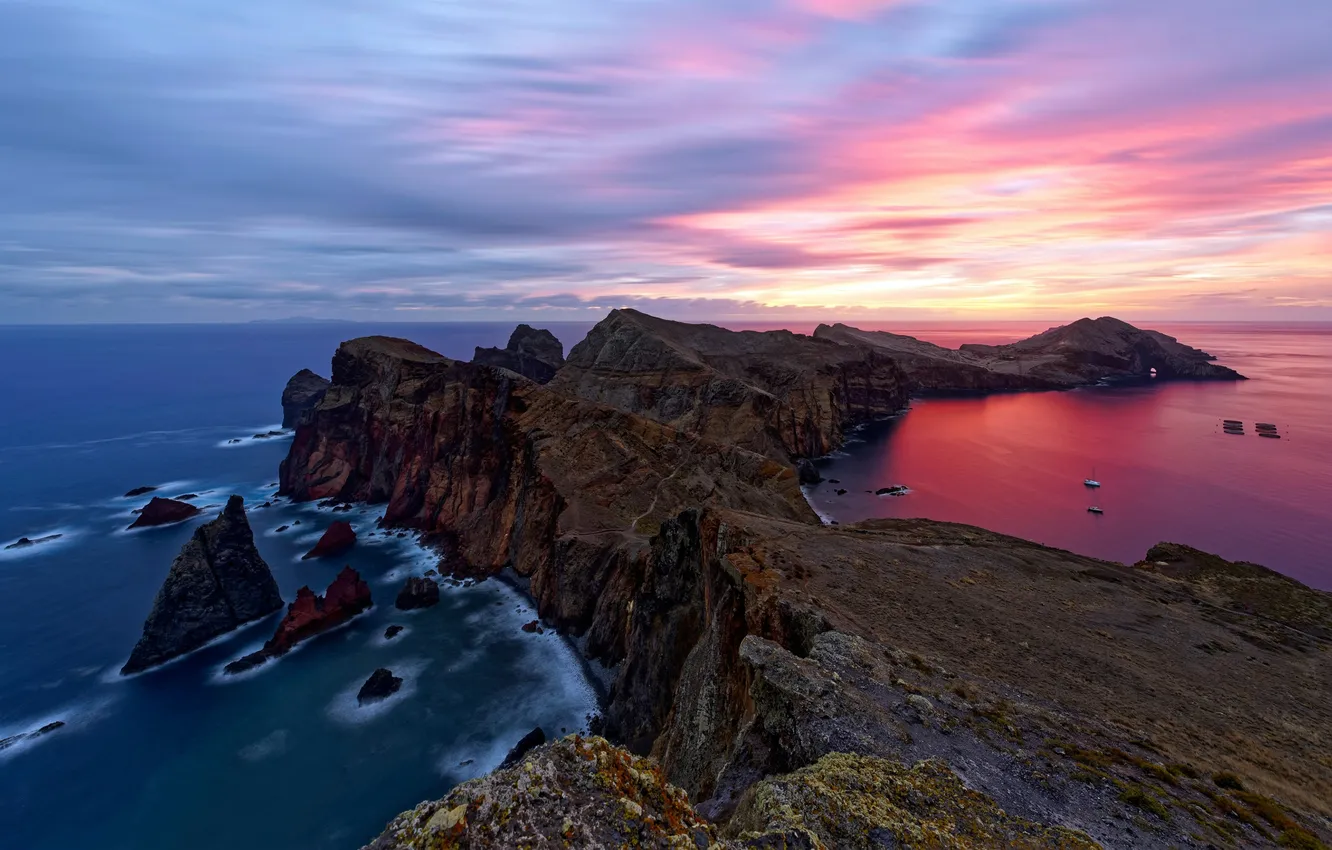 Фото обои Облака, Море, Горизонт, Португалия, Мадейра, Sunrise, Portugal, Madeira