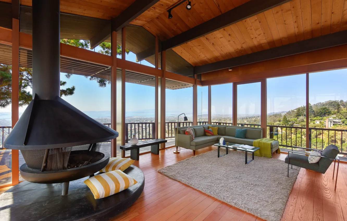 Фото обои мебель, вилла, интерьер, печь, Berkeley midcentury, открытая терраса