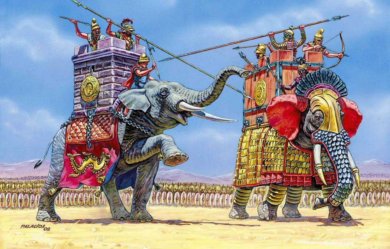 Фото обои слон, воины, армии, экипаж, индийский, североафриканский лесной слон., армий, перед битвой каждая сторона выдвинула
