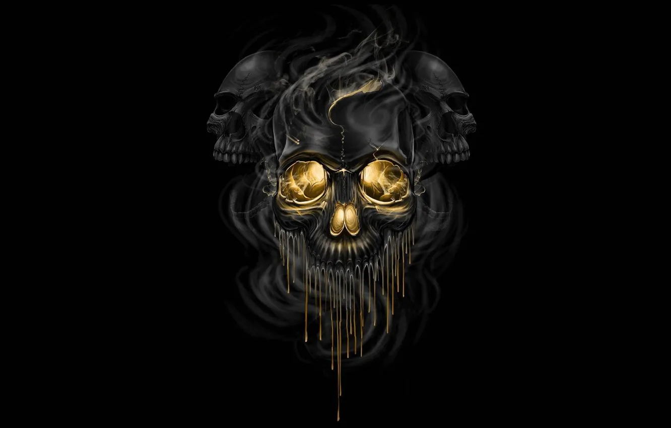 Фото обои фантастика, дым, арт, черепа, черный фон, скелеты