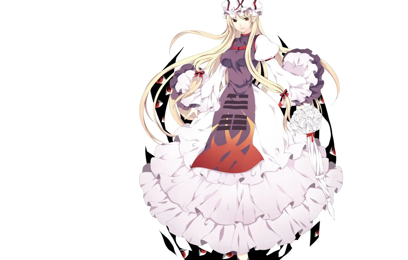 Фото обои магия, зонт, белый фон, чепчик, длинные волосы, art, оборки, Touhou Project