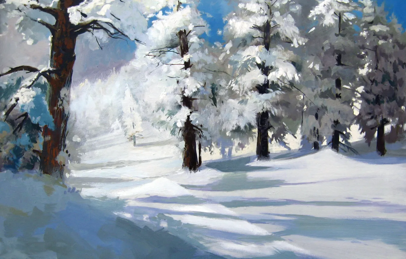 Фото обои зима, лес, снег, деревья, арт, сугробы