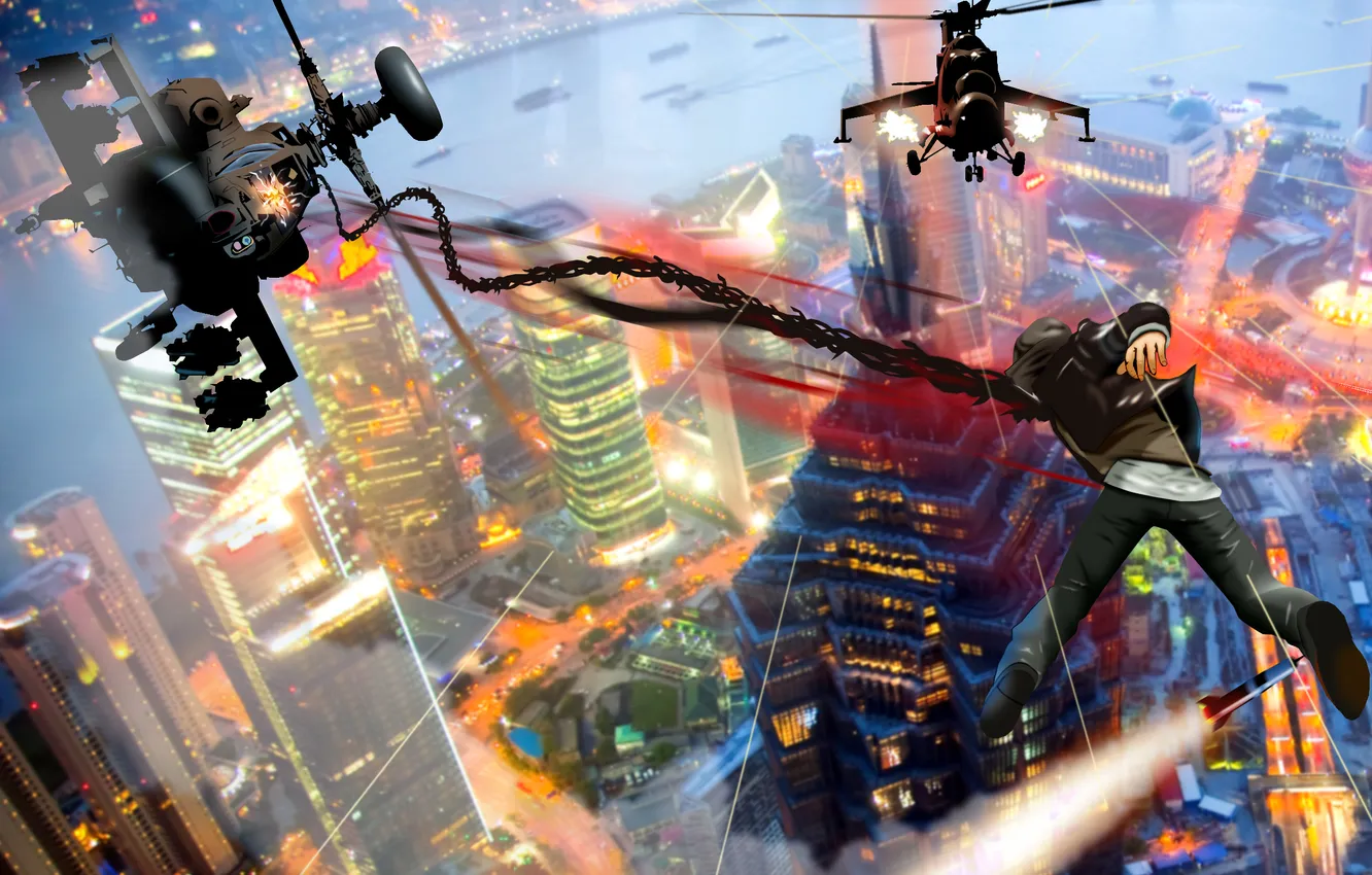 Фото обои город, игра, высота, дома, Prototype, вертолеты, парень, в воздухе