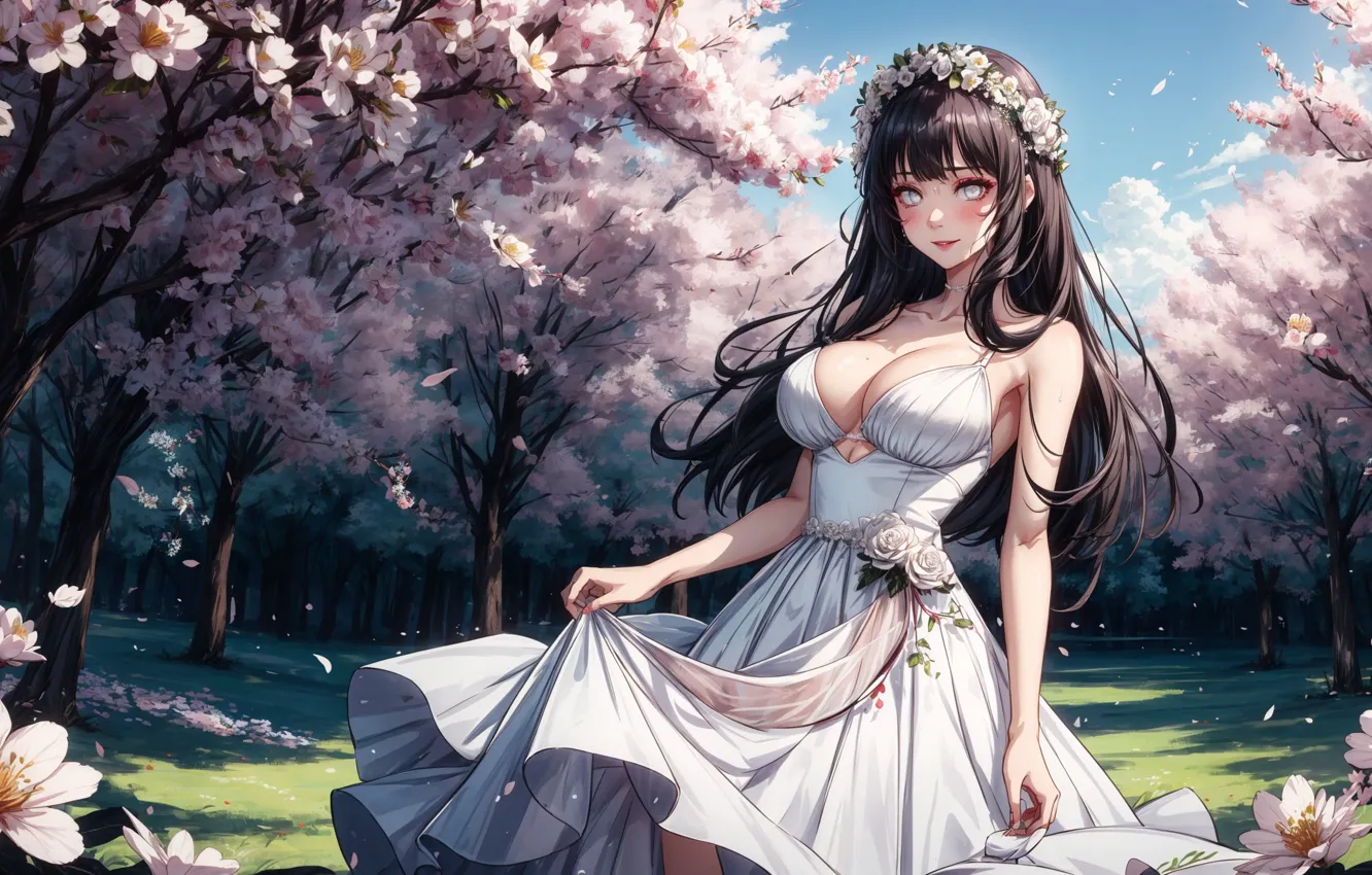 Фото обои white, anime, big boobs, white dress, Hyuuga Hinata, bare shoulders, parted lips, lifting dress