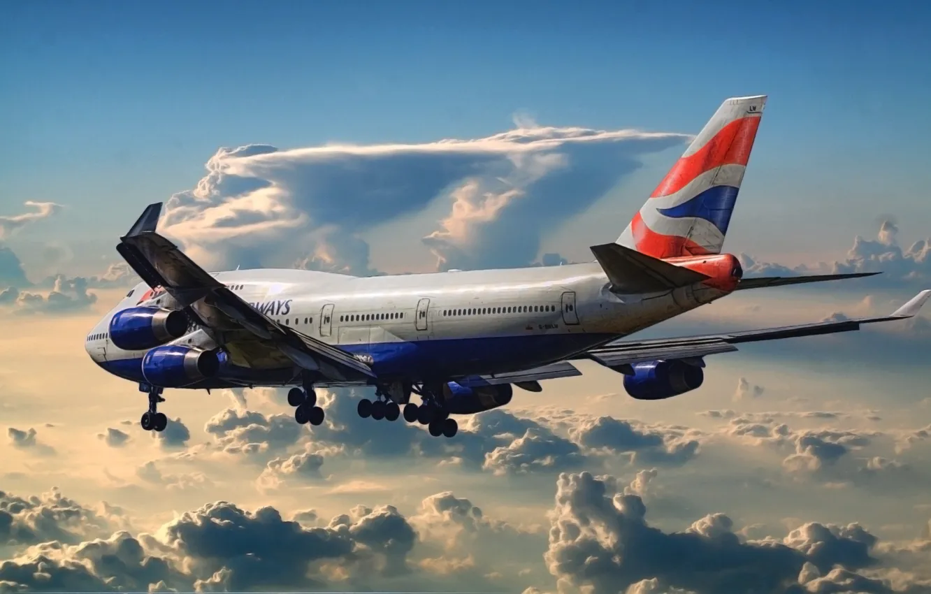 Фото обои Небо, Облака, Рисунок, Самолет, Аэропорт, Boeing, Боинг, 747