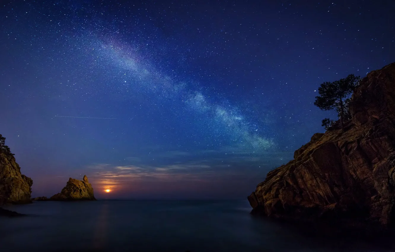 Фото обои море, небо, скалы, побережье, звёзды, Испания, Girona