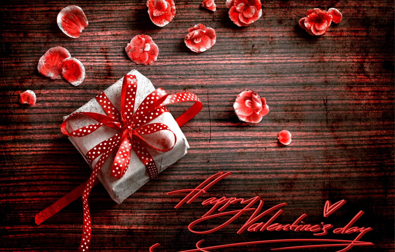 Фото обои праздник, подарок, надпись, лепестки, День Святого Валентина