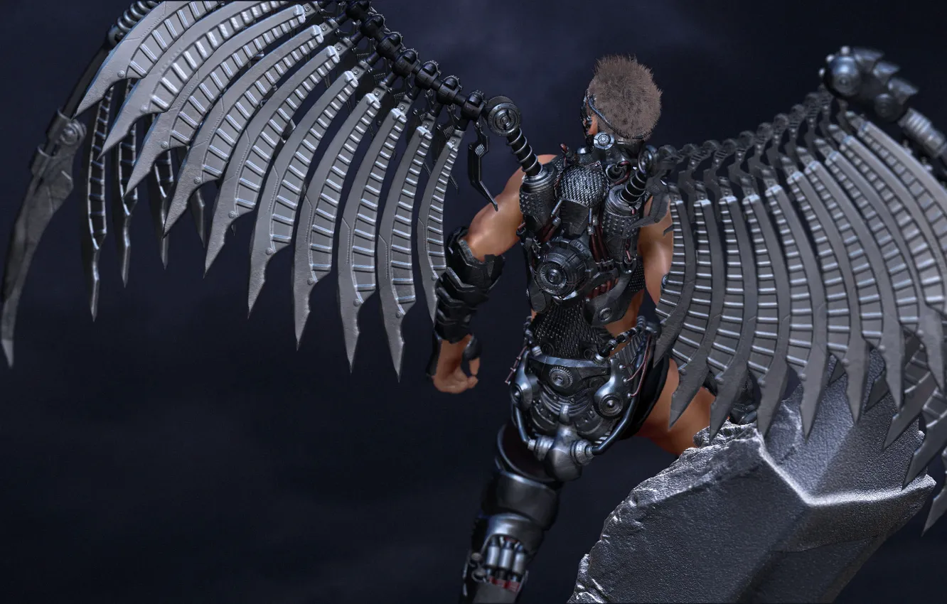 Фото обои рендеринг, фон, спина, ангел, броня, парень, металлические крылья