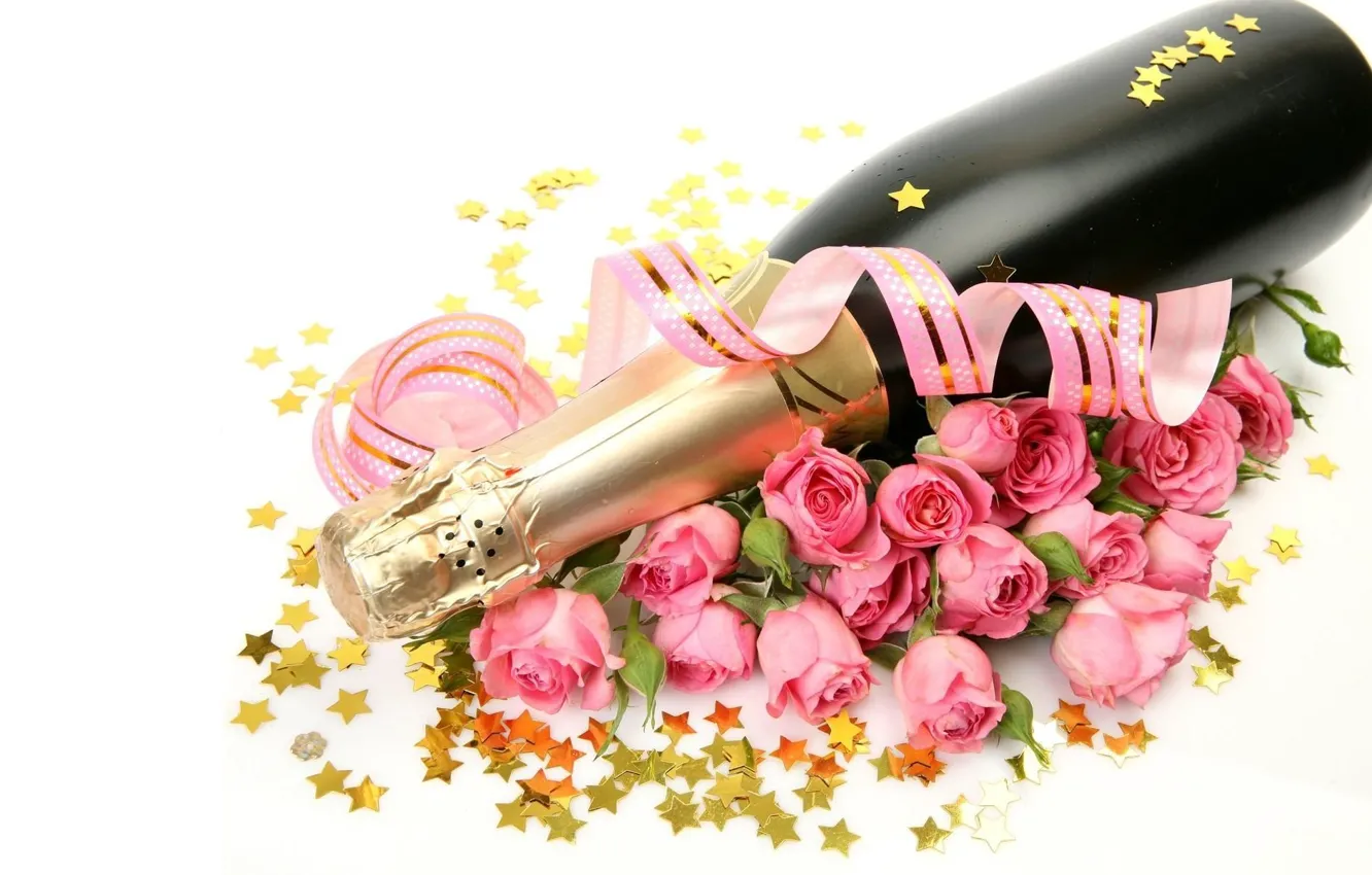 Фото обои бутылка, розы, звёздочки, шампанское