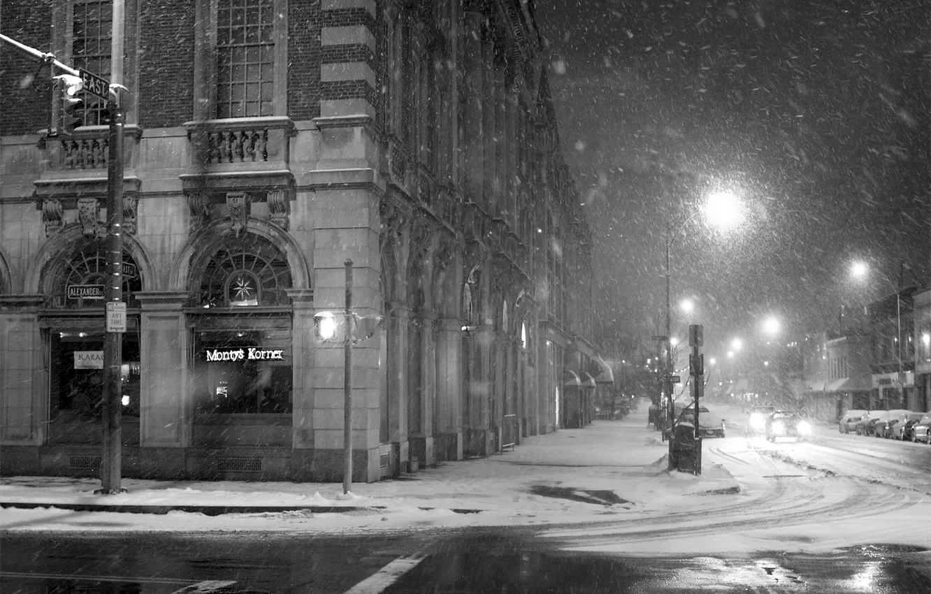 Фото обои улица, Ночь, фонарь, City, Snowy, Streets