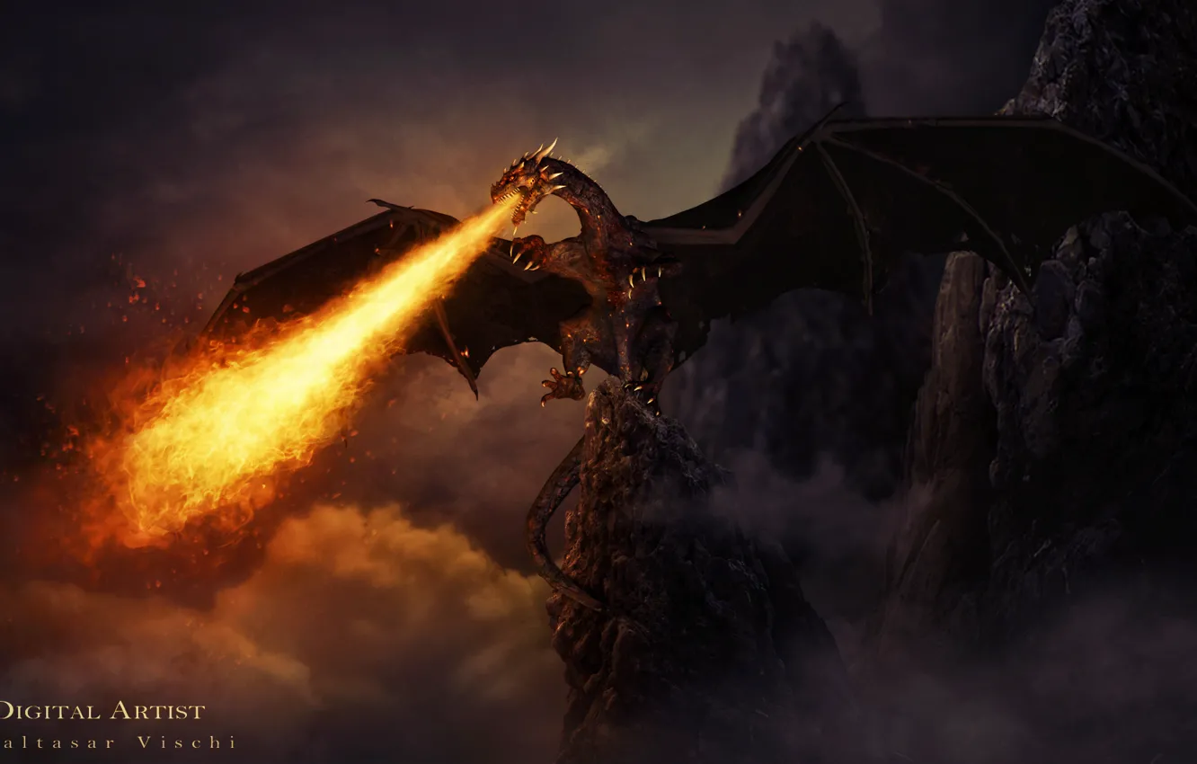 Фото обои скалы, огонь, дракон, the dragon of hell