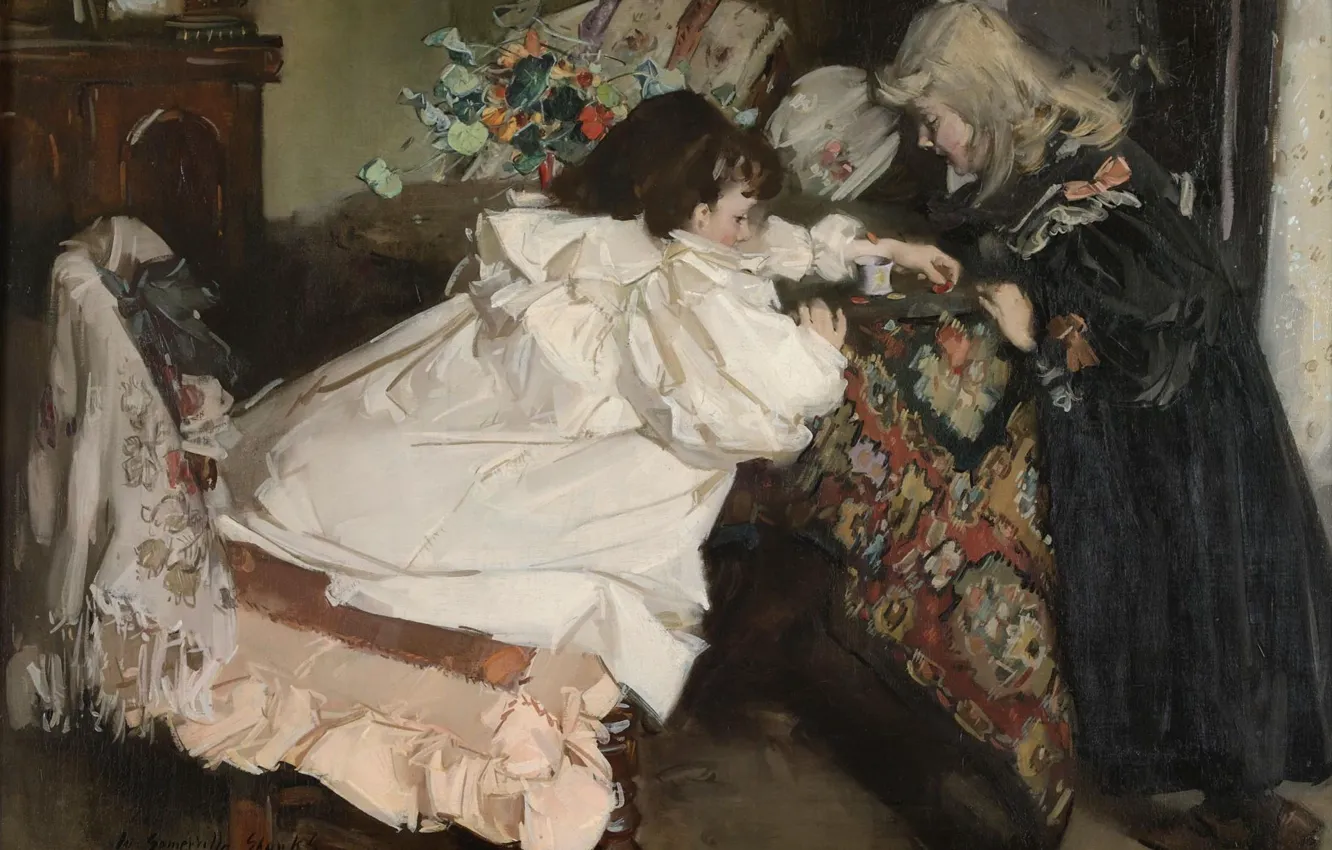 Фото обои картина, жанровая, William Somerville Shanks, Уильям Сомервилл Шанкс, Игра в блошки