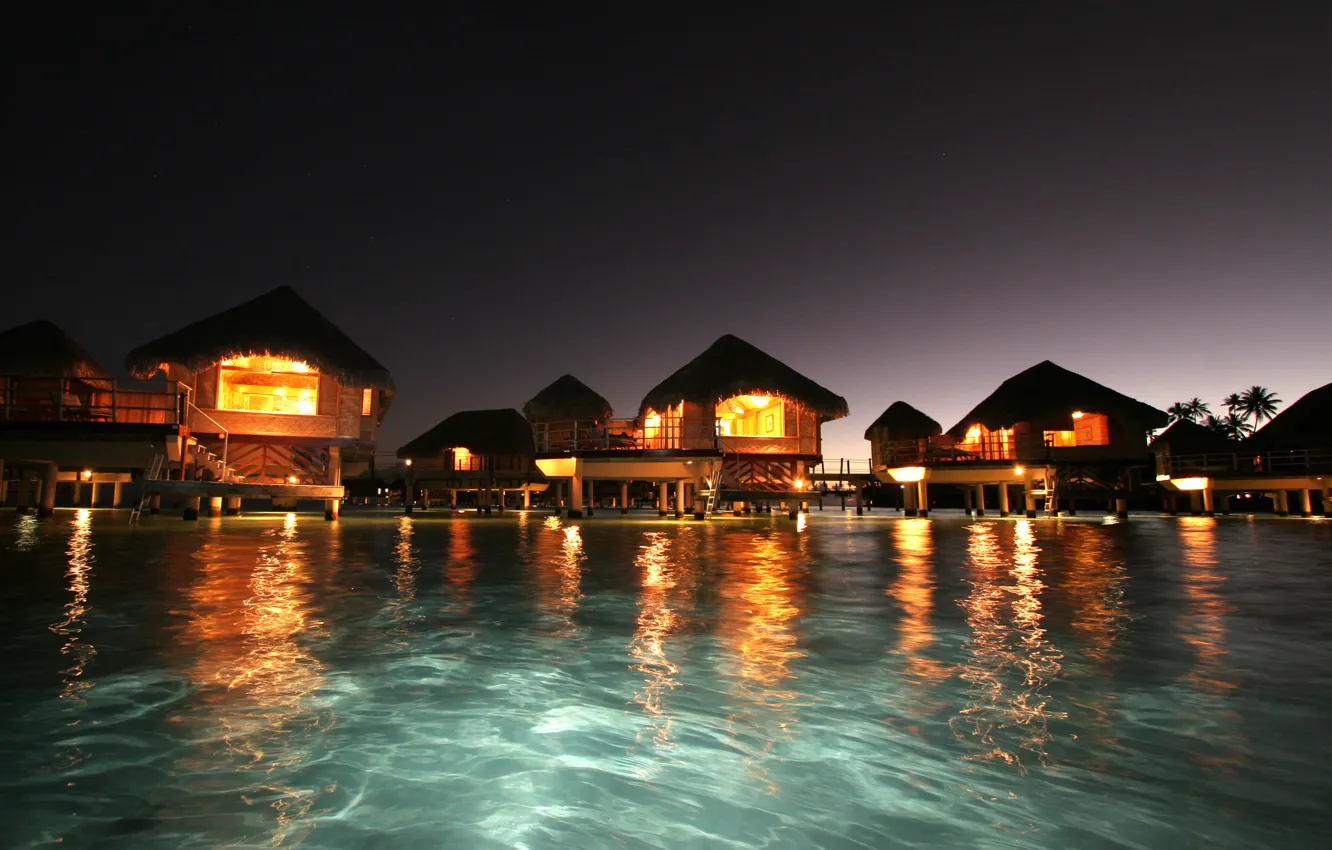 Фото обои океан, вечер, отель, бунгало, panorama, island, resort, Tahaa