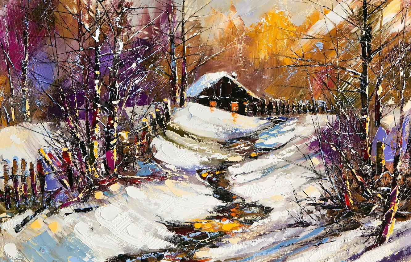 Фото обои зима, снег, деревья, забор, домик, Краски