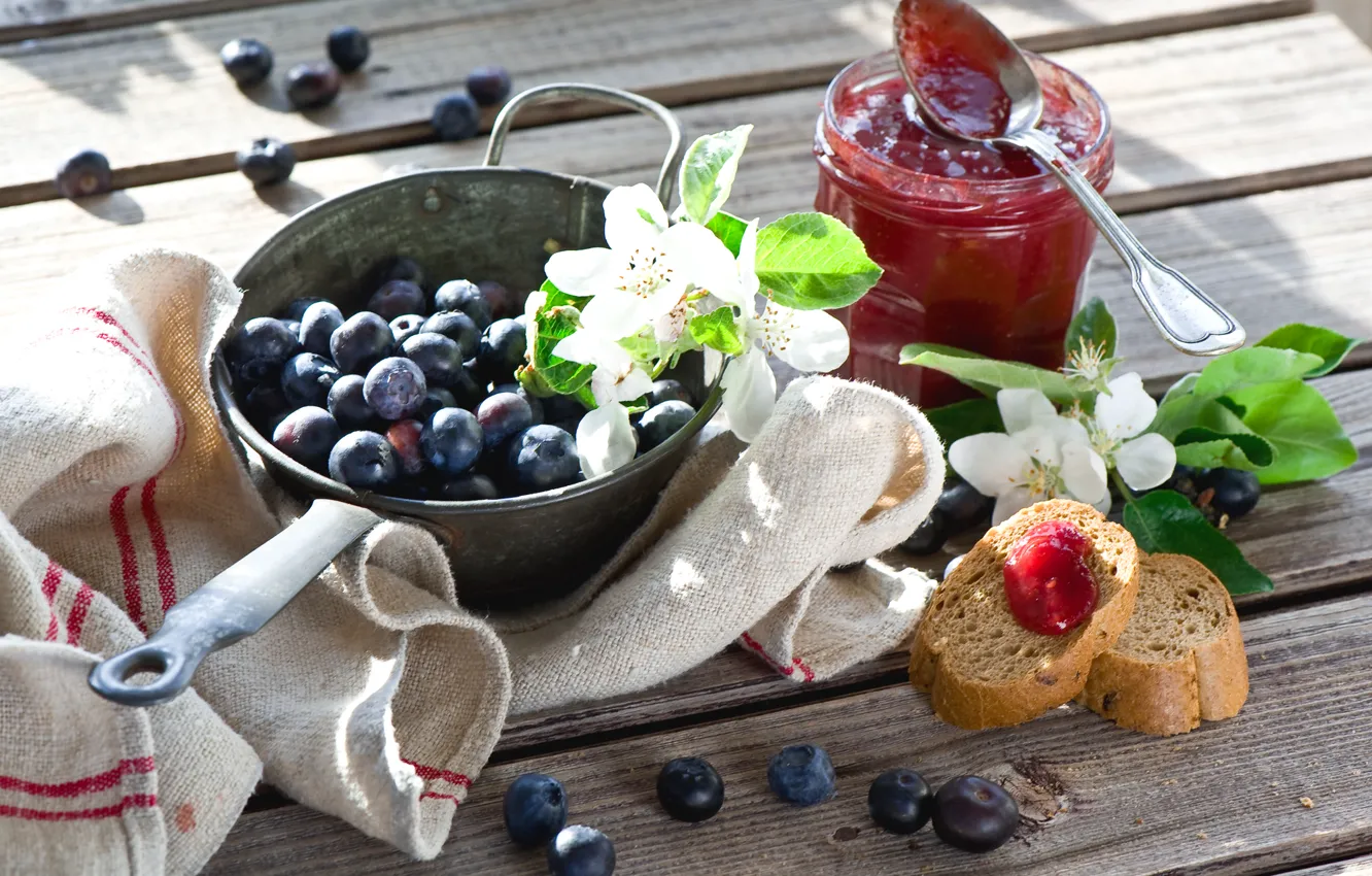Фото обои цветы, веточки, Breakfast with berries and jam, Завтрак с ягодами и Джем