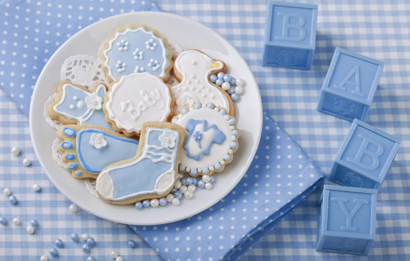 Фото обои украшения, день рождения, голубой, печенье, sweet, глазурь, baby, Cookies