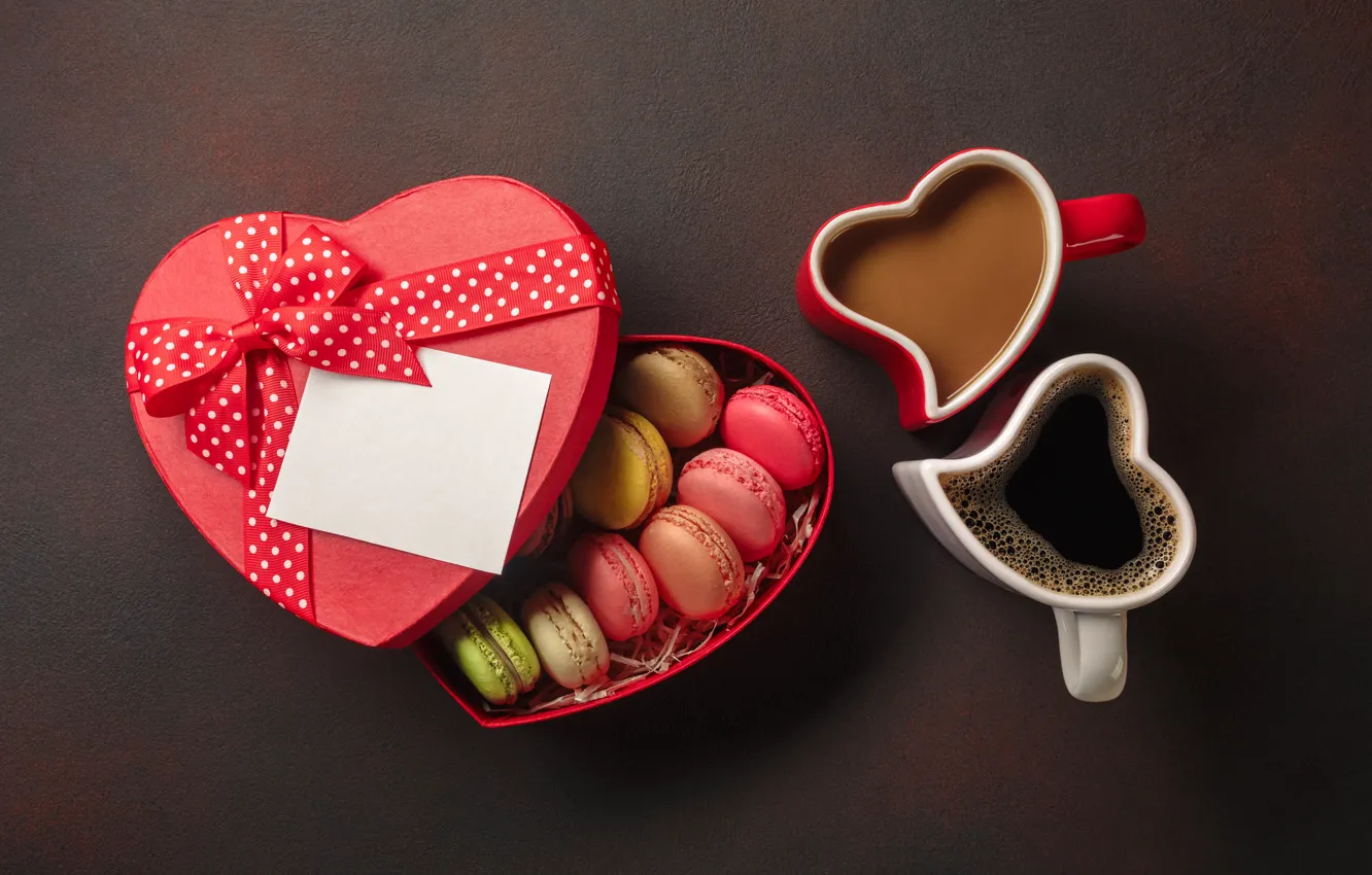 Фото обои коробка, кофе, чашки, сердечко, macaron