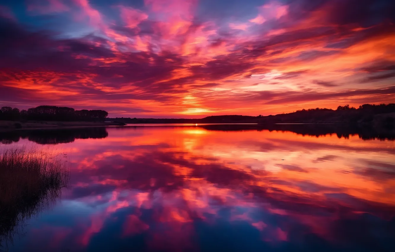 Фото обои закат, отражение, рисунок, sky, digital, sunset, pink, purple