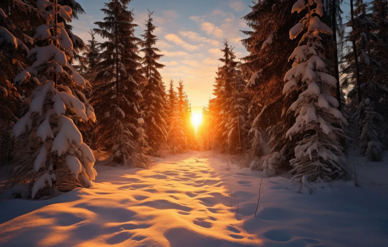 Фото обои зима, лес, снег, деревья, елки, forest, landscape, winter