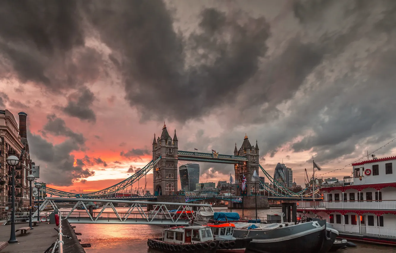 Фото обои небо, город, река, Тауэрский мост, Tower Bridge, London, England