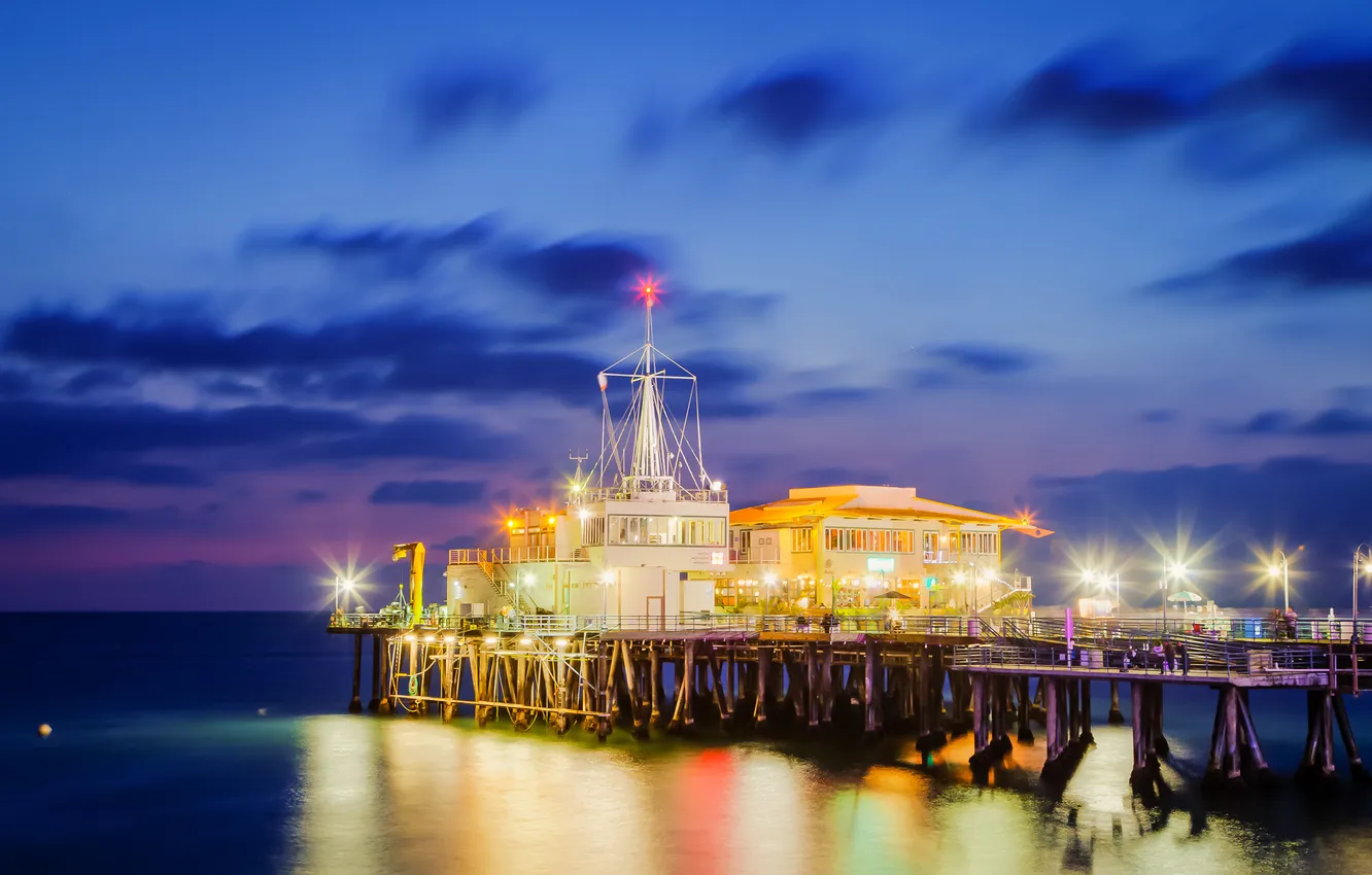 Фото обои море, небо, свет, ночь, огни, причал, california, santa monica