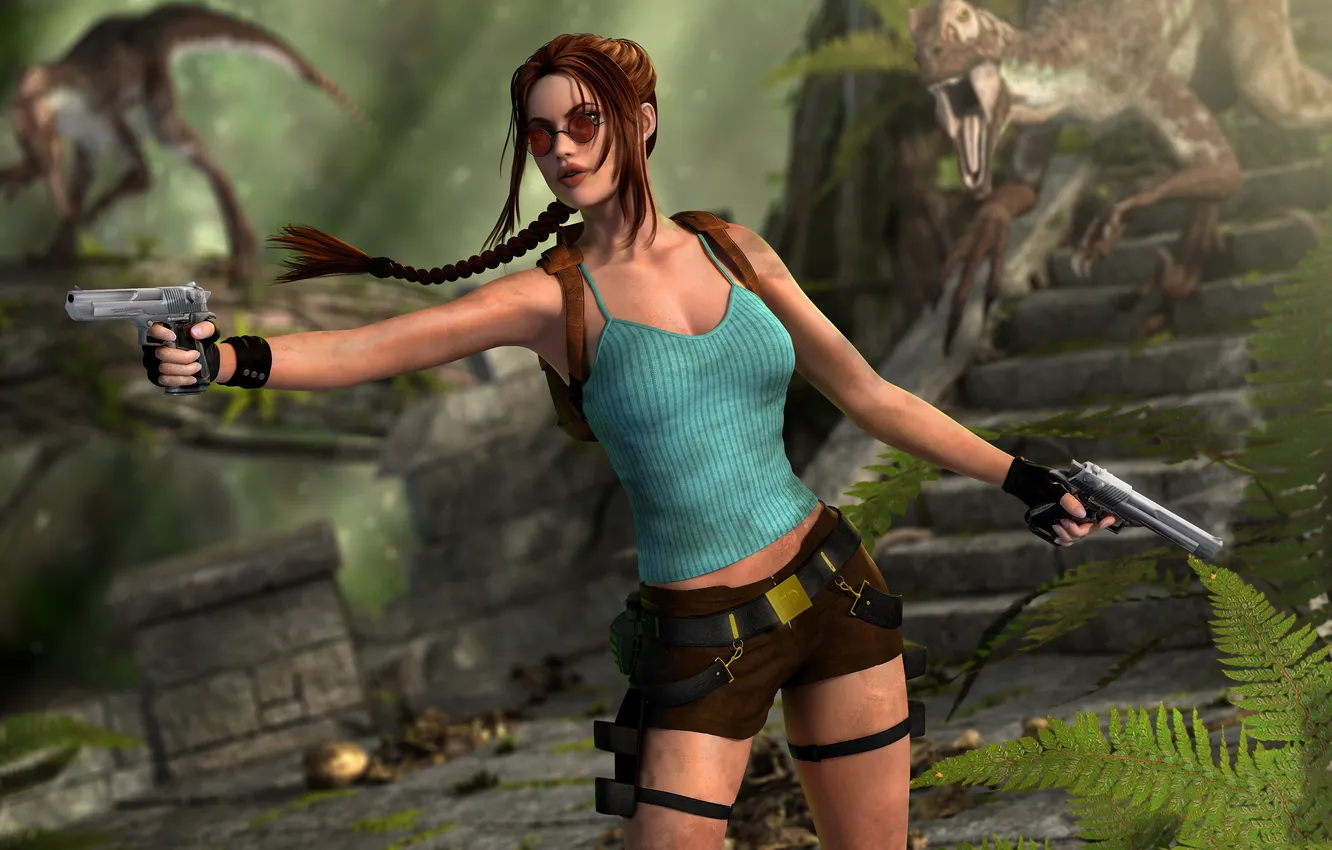 Фото обои девушка, рендеринг, пистолеты, джунгли, очки, коса, динозавры, Tomb Raider