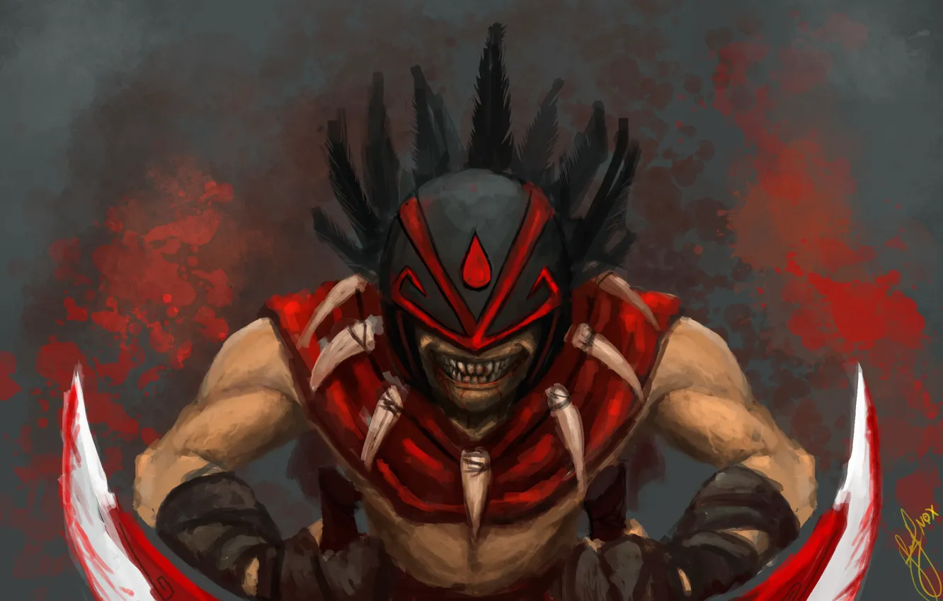 Фото обои кровь, перья, арт, парень, клинки, Bloodseeker, Dota 2, Strygwyr