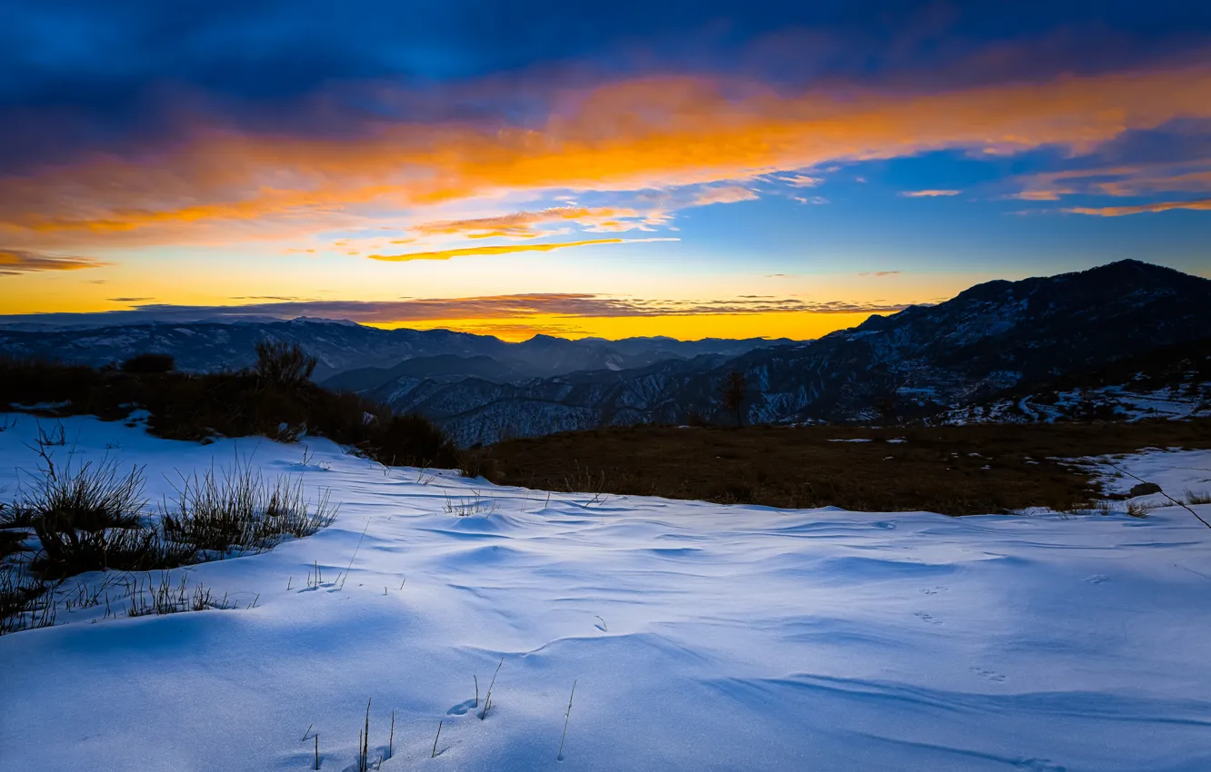 Фото обои зима, снег, закат, горы, вечер