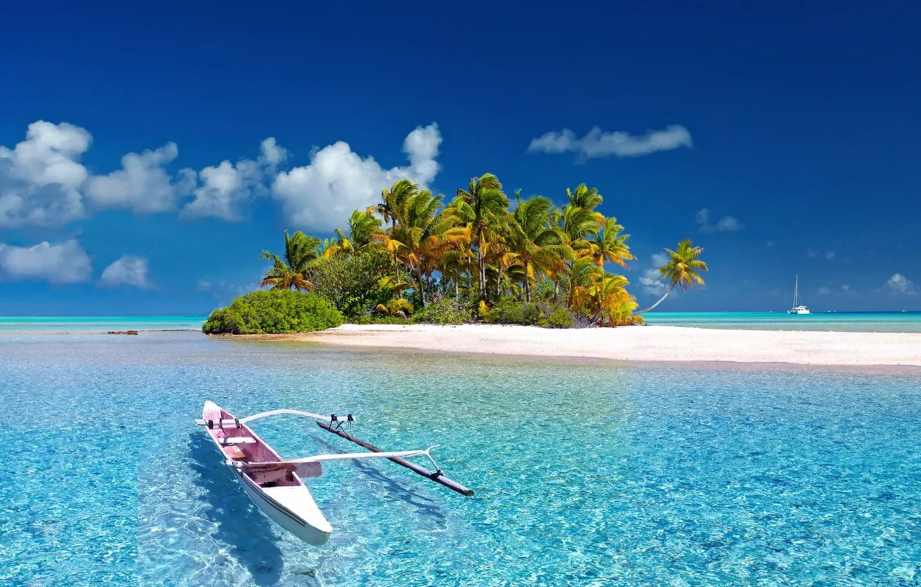 Фото обои Paradise, Blue, Wallpaper, Summer, Ocean, Island, Boat