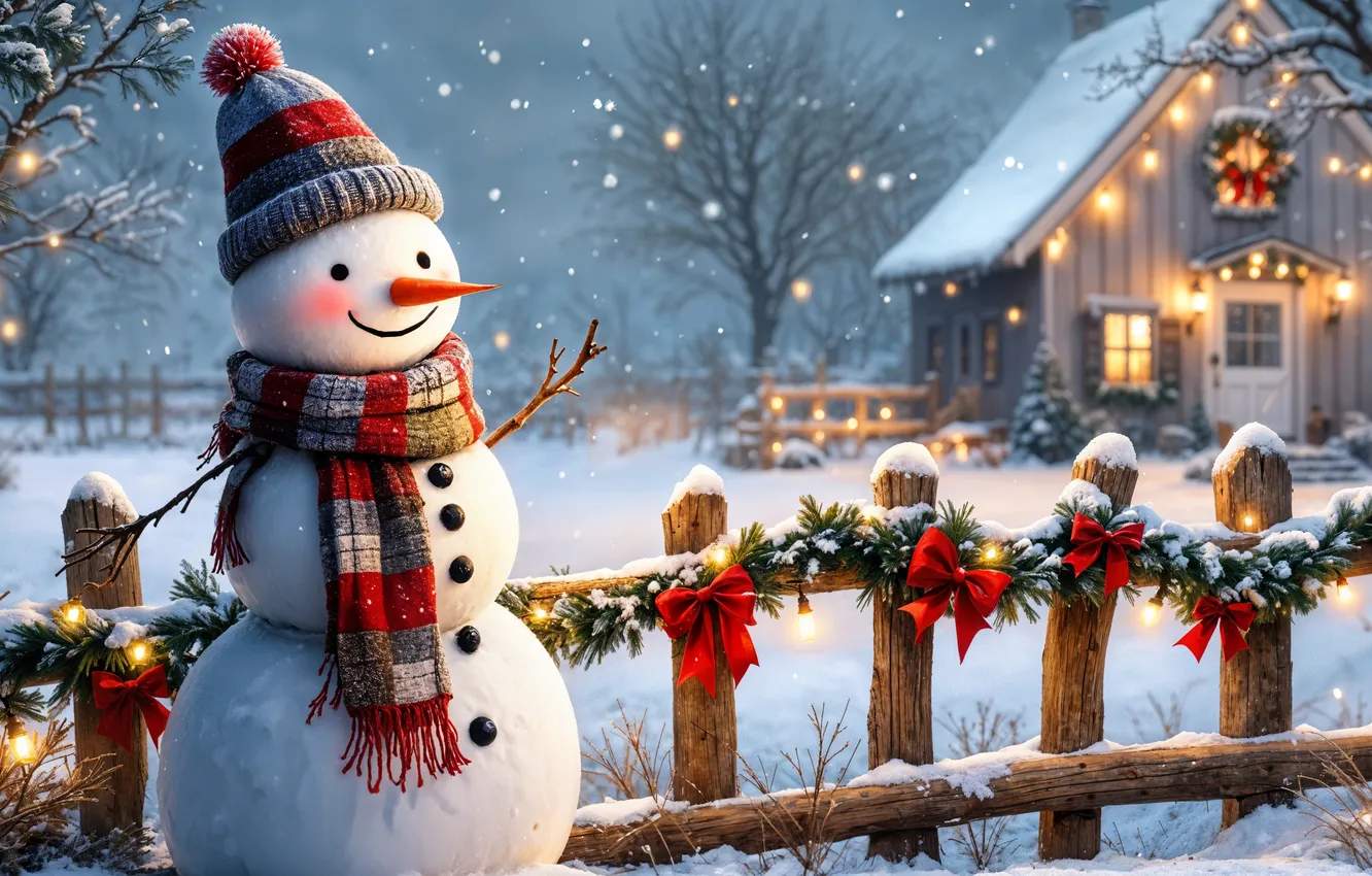 Фото обои зима, снег, украшения, Рождество, Новый год, снеговик, happy, Christmas