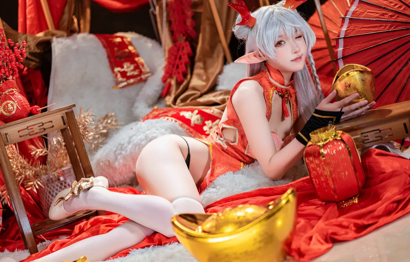 Фото обои Asian, model, women, cosplay, dragon girl, cheongsam, women indoors, Abaoyeshitunia