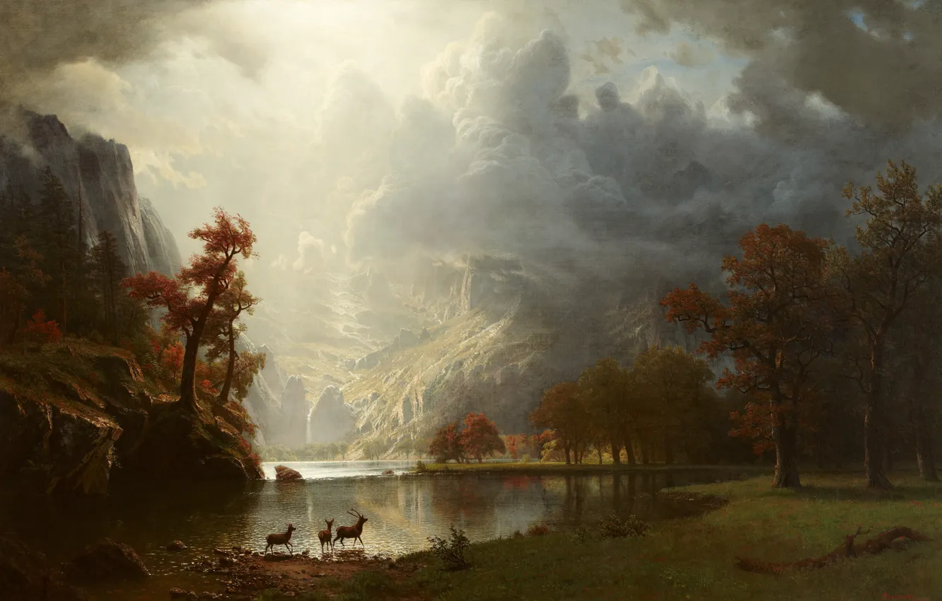 Фото обои животные, горы, берег, водоём, Albert Bierstadt