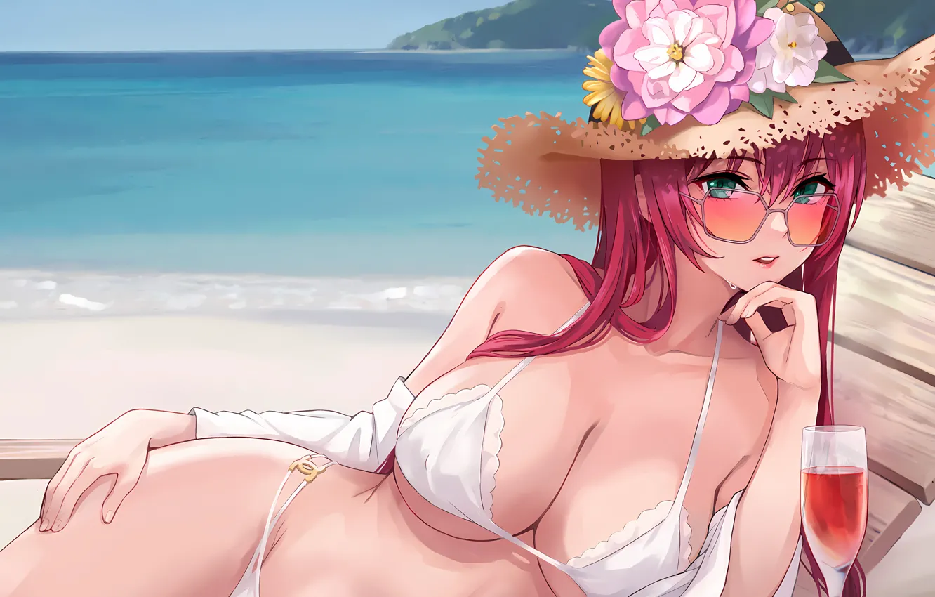 Фото обои girl, sexy, cleavage, beach, pink hair, green eyes, long hair, sea