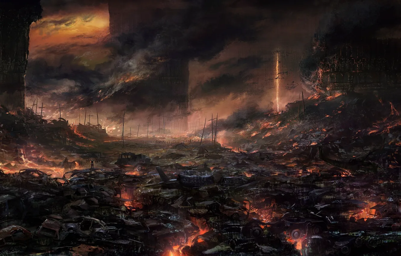 Фото обои город, огонь, арт, руины, трагедия, фзрыв
