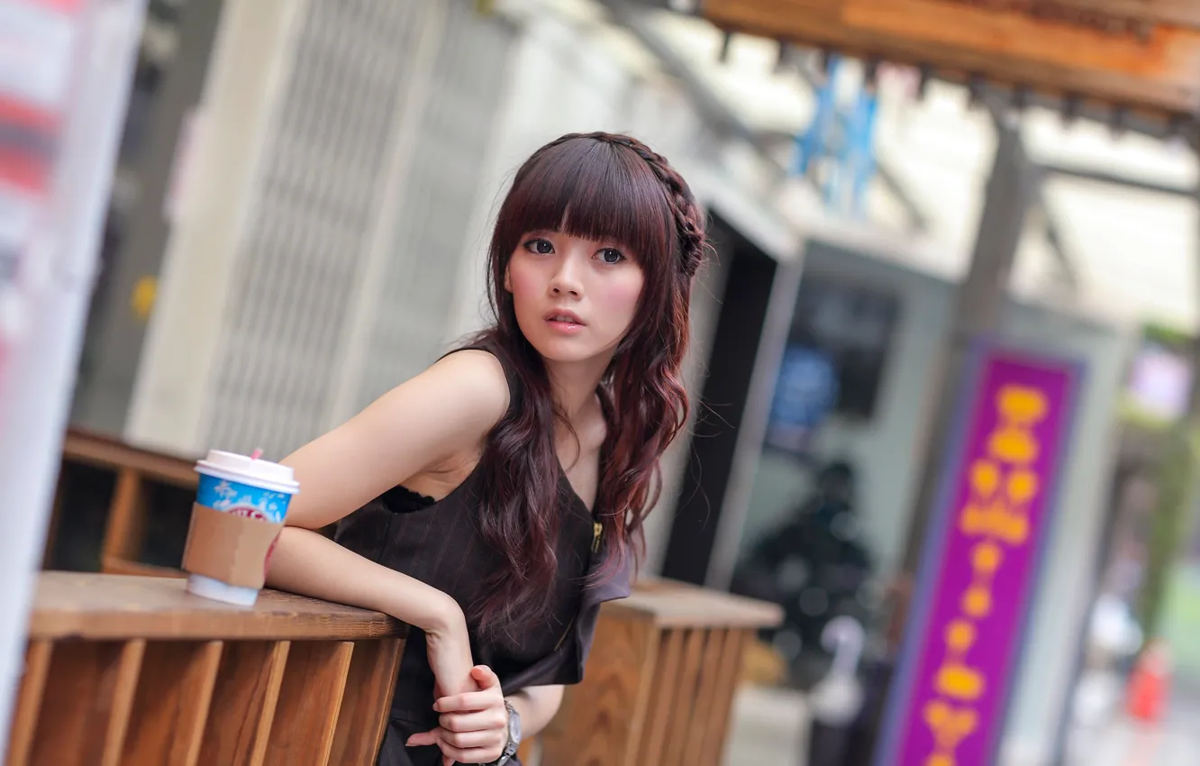 Фото обои взгляд, азиатка, боке