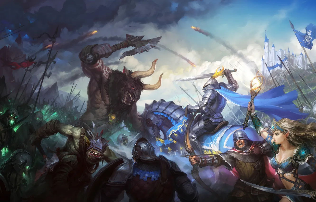 Фото обои девушка, конь, магия, воин, арт, монстры, всадник, битва